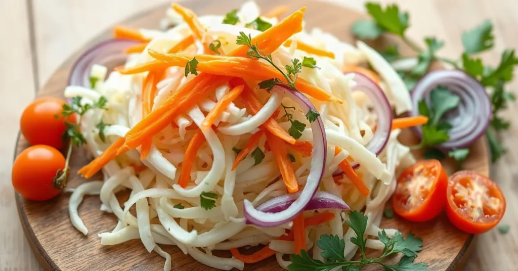 Salade chou blanc fraîche avec carottes râpées et oignons rouges dans un saladier