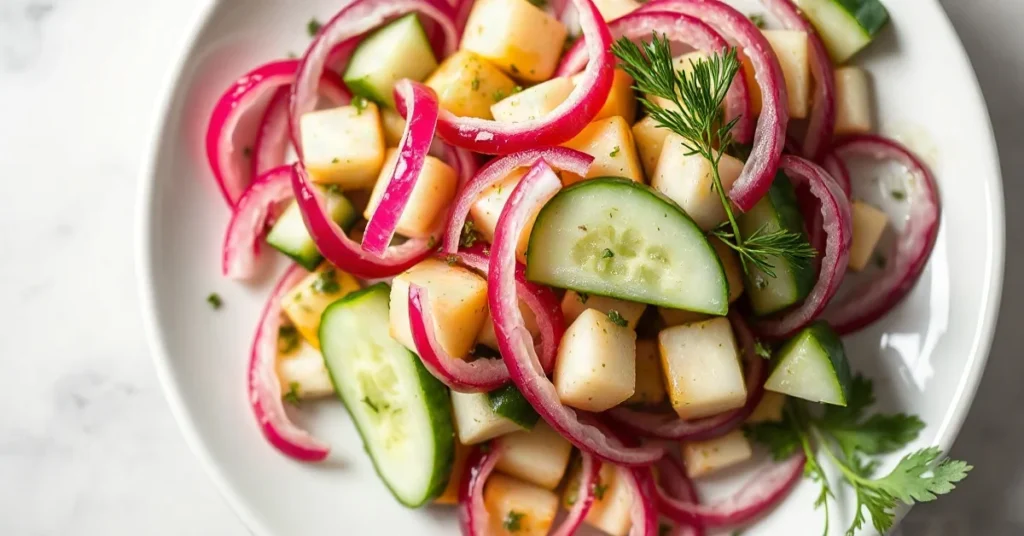 Salade concombre fraîche avec oignon rouge, aneth, persil et vinaigrette d'huile d'olive