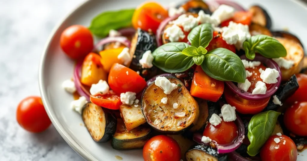 Salade cuite aux légumes tièdes avec courgettes, aubergines, poivrons et fromage chèvre