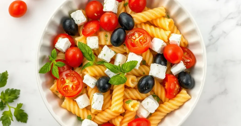 Salade de pâtes froides colorées avec légumes frais et fromage feta