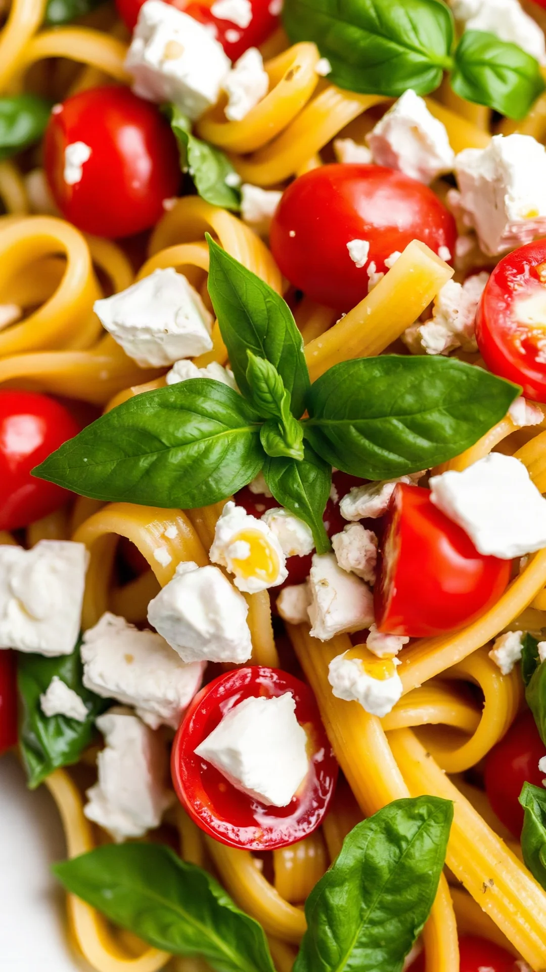 Recette Salade De Pâtes Froide avec détail de basilic frais et feta