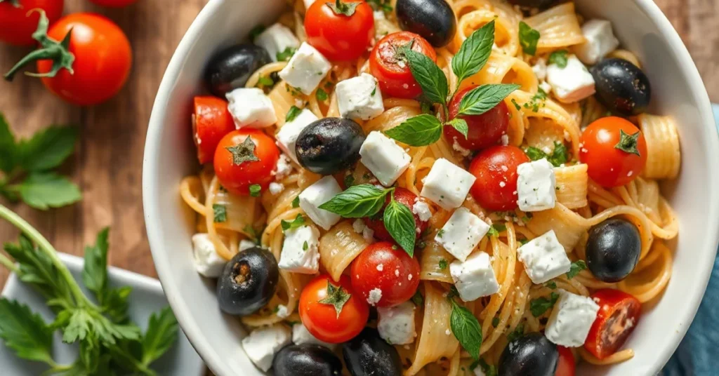 Salade de pâtes froide colorée avec tomates, feta et olives fraîches