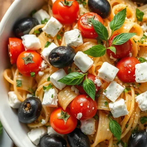 Salade de pâtes froide colorée avec tomates, feta et olives fraîches
