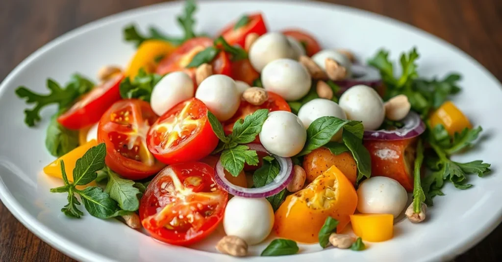 Salade de perles colorée avec tomates cerises, poivrons et mozzarella fraîche