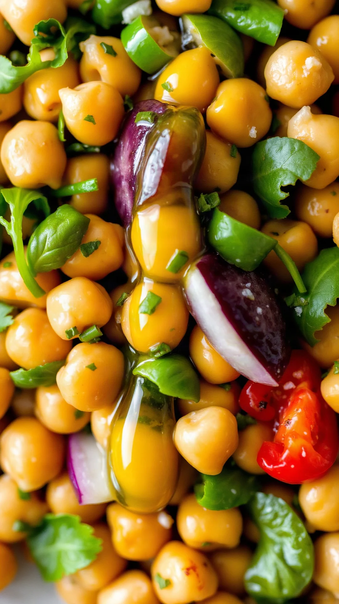 Recette Salade De Pois Chiches présentée en gros plan avec pois chiches légumes frais et vinaigrette