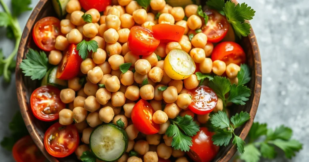 Salade de pois chiches colorée avec tomates cerises, concombre, oignon et herbes fraîches