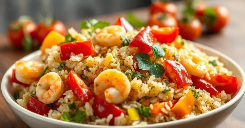 Salade de riz colorée avec légumes frais et crevettes bien présentée
