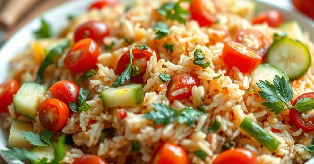 Salade de riz colorée avec légumes frais et vinaigrette maison