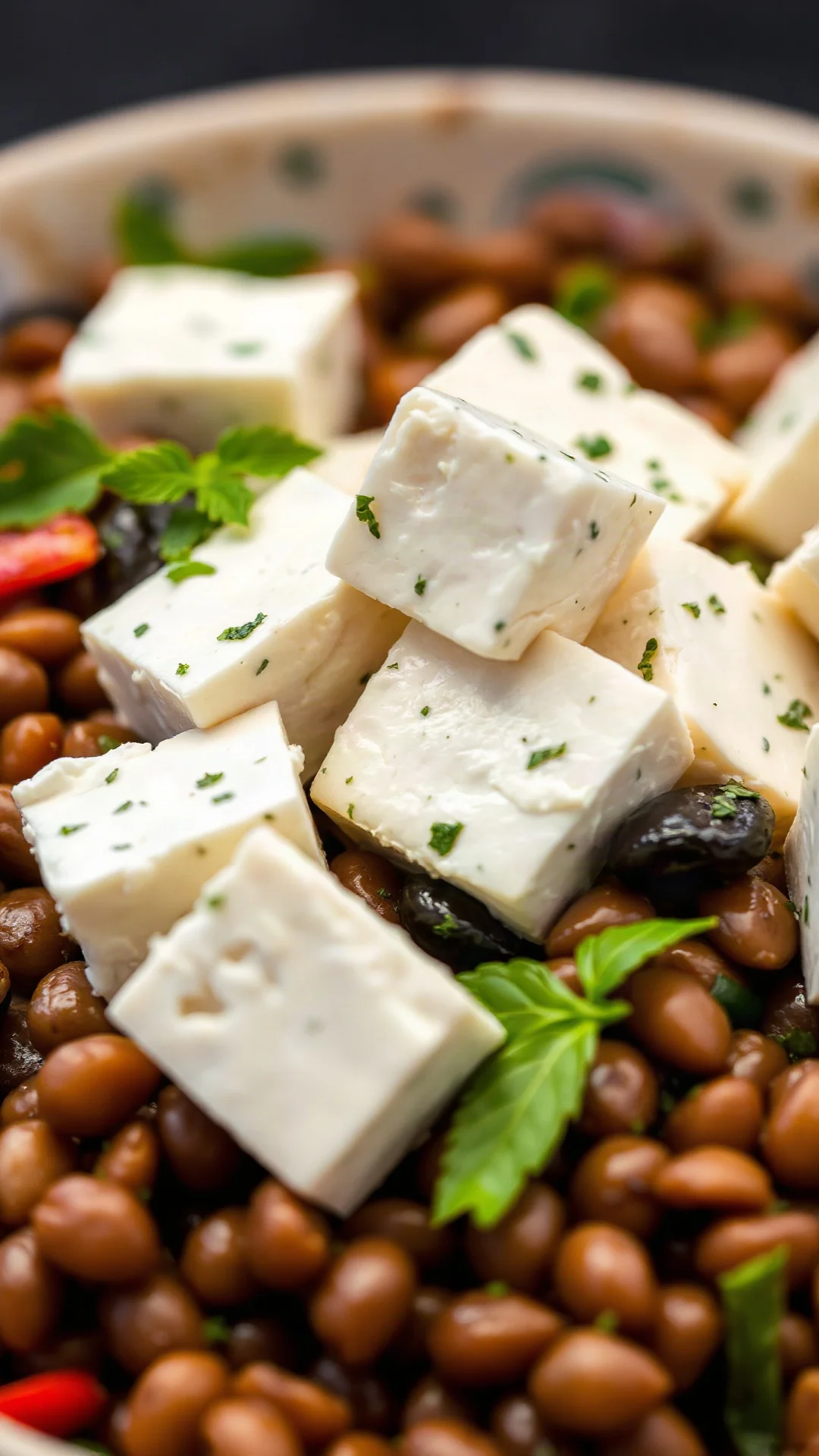 Recette Salade Lentilles Feta : assiette garnie de lentilles corail, cubes de feta blanche et légumes frais
