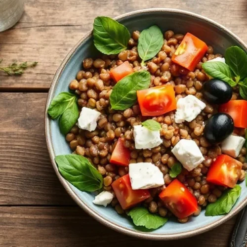 Salade colorée avec lentilles corail, feta blanche, tomates et olives noires, servie dans un plat blanc