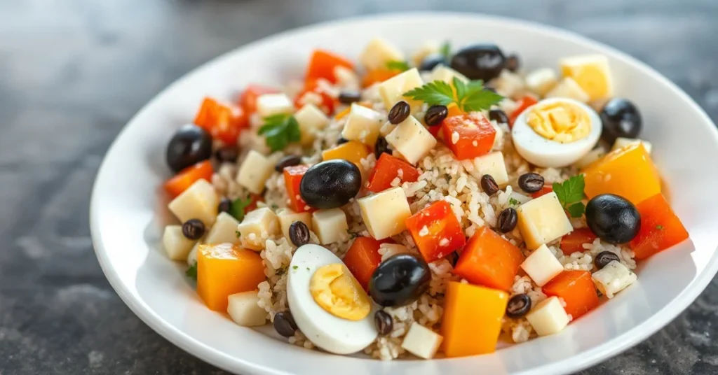 Salade Piemontaise composée avec riz, betteraves, carottes et œufs durs