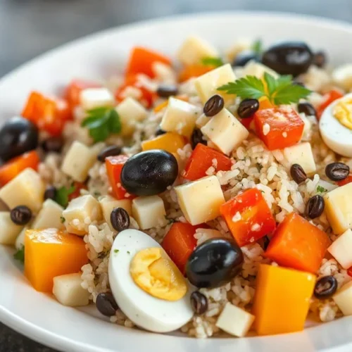 Salade Piemontaise composée avec riz, betteraves, carottes et œufs durs