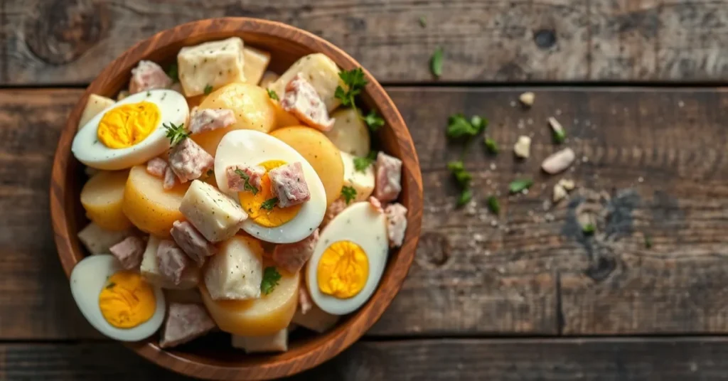 Salade pommes de terre généreuse avec œufs et jambon