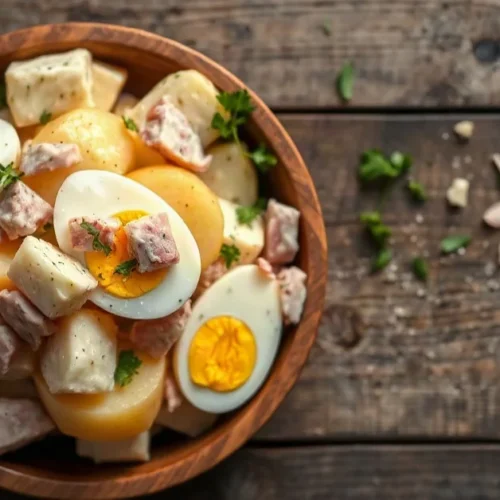Salade pommes de terre généreuse avec œufs et jambon