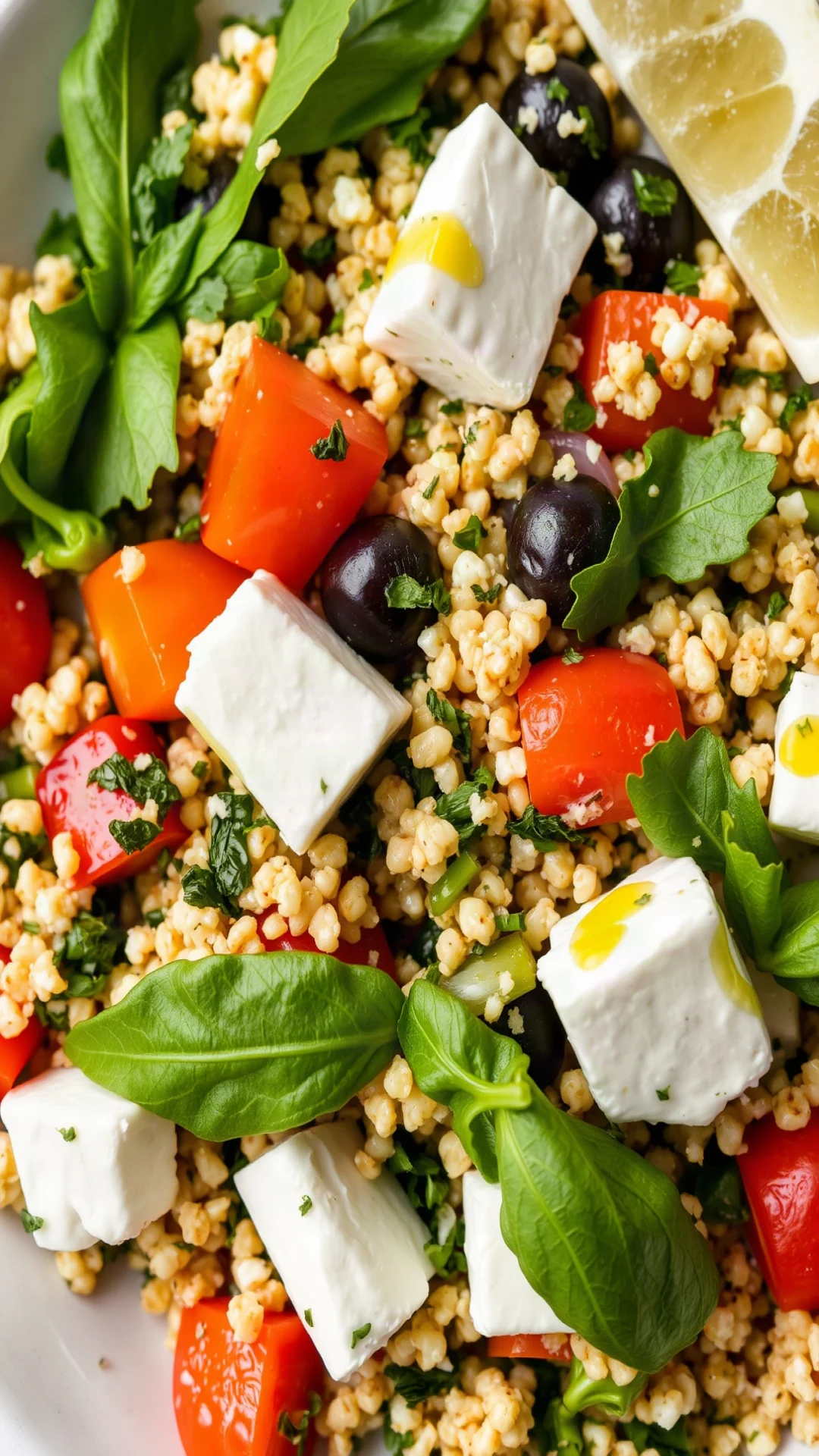 Recette Salade Quinoa Feta avec détails de feta croustillante, légumes frais et vinaigrette