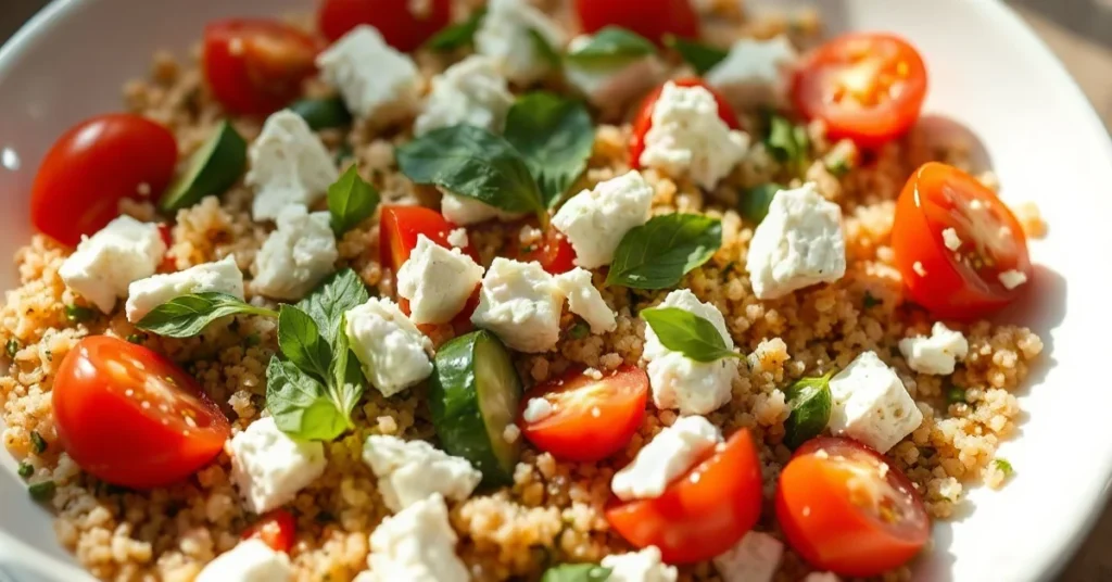 Salade de quinoa frais avec feta émiettée, tomates et légumes colorés dans une assiette blanche