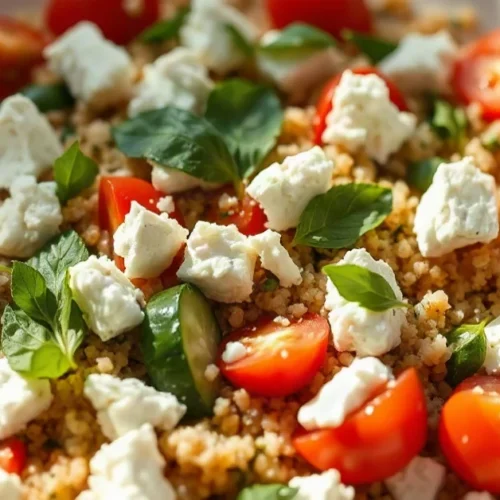 Salade de quinoa frais avec feta émiettée, tomates et légumes colorés dans une assiette blanche