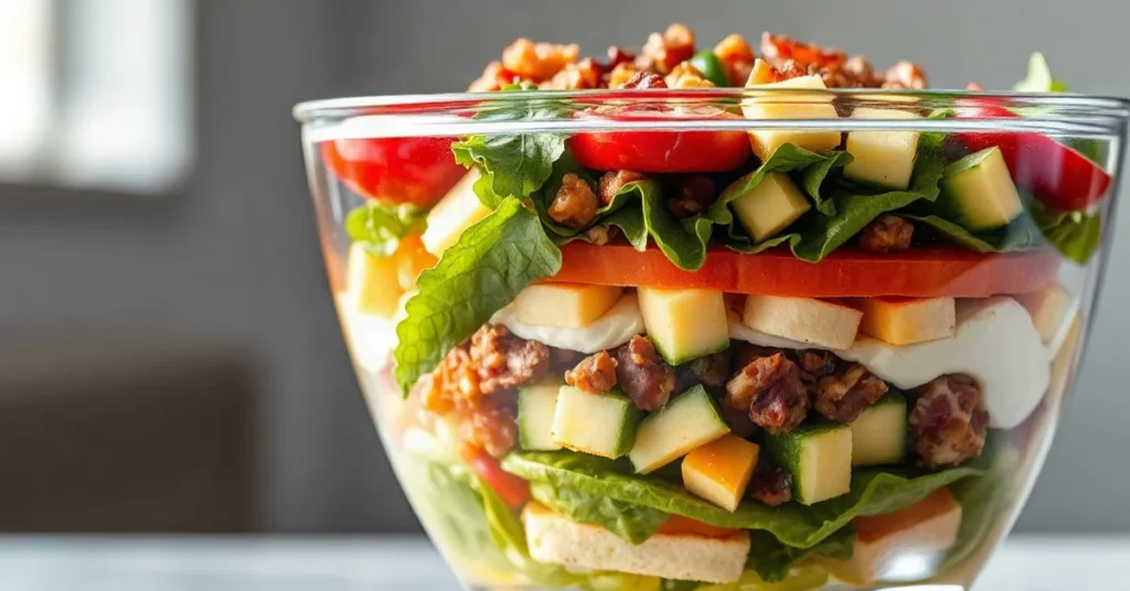 Salade colorée en couches dans un saladier transparent avec légumes frais, œufs et bacon