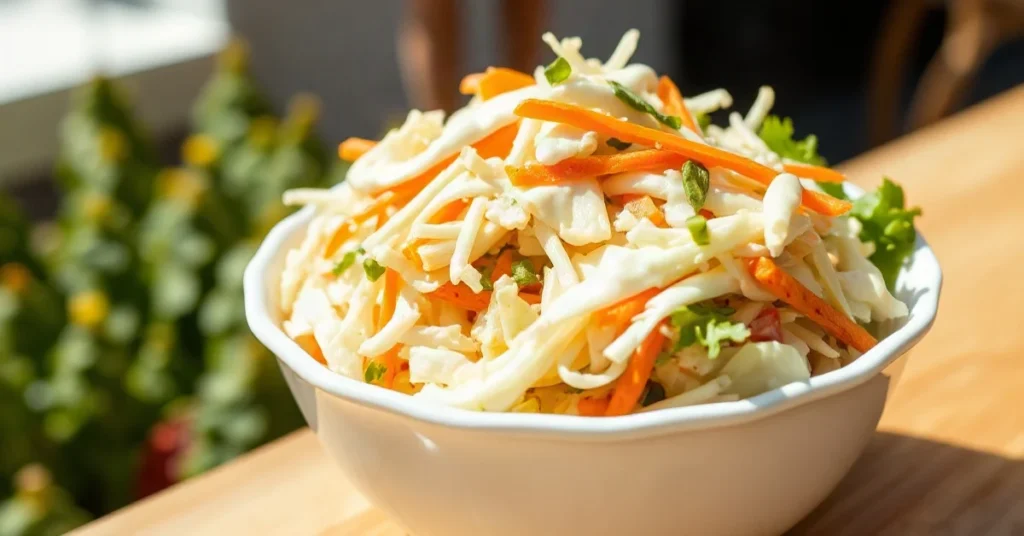 Salade coleslaw fraîche présentée dans un bol blanc avec chou râpé et carottes