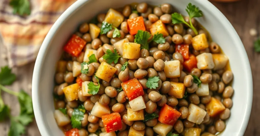 Salade de lentilles aux légumes frais et persil