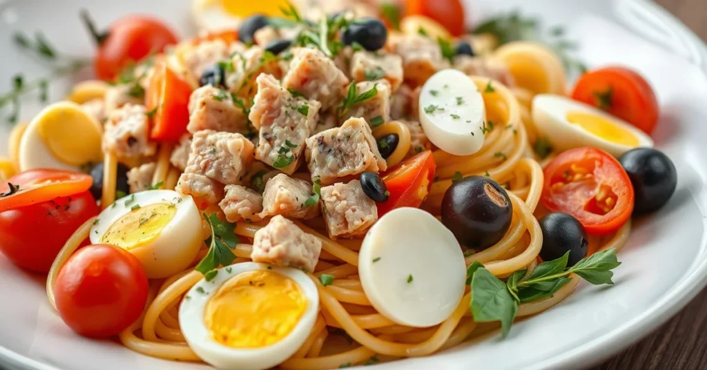 Salade de pâtes au thon avec tomates cerises, olives et œufs durs dans un saladier blanc