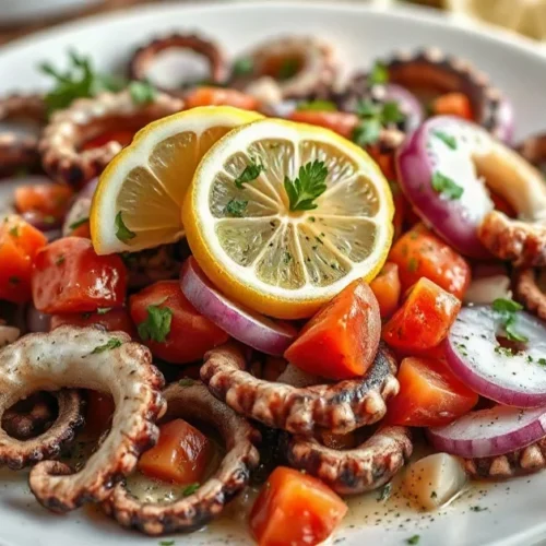 Salade de poulpe fraîche aux herbes et citron dans une assiette
