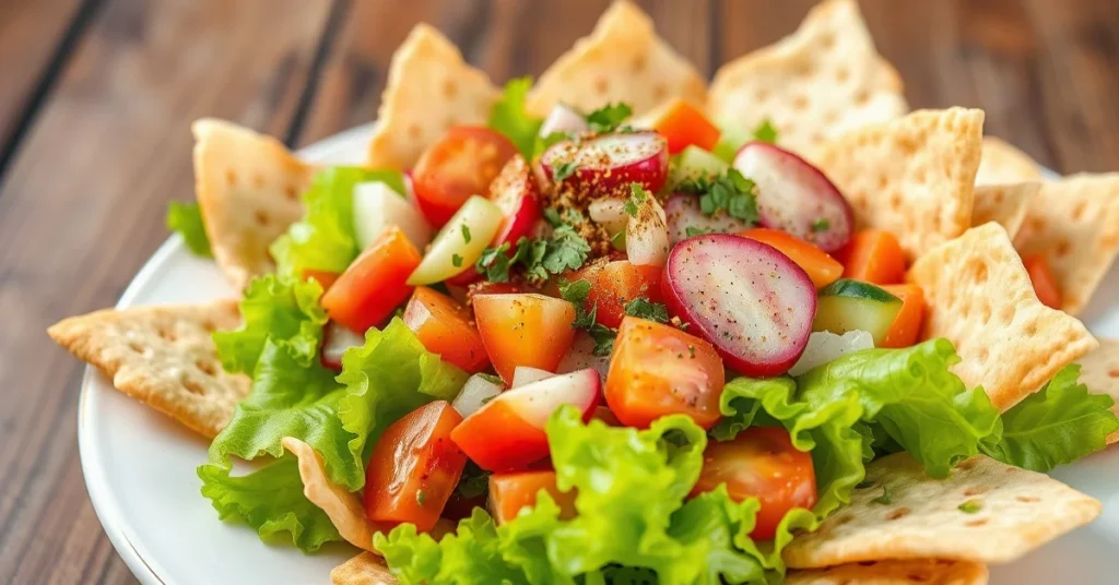 Salade Fattouche avec pain pita croustillant et légumes frais sur table