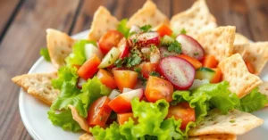 Salade Fattouche avec pain pita croustillant et légumes frais sur table