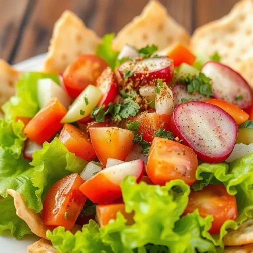 Salade Fattouche avec pain pita croustillant et légumes frais sur table