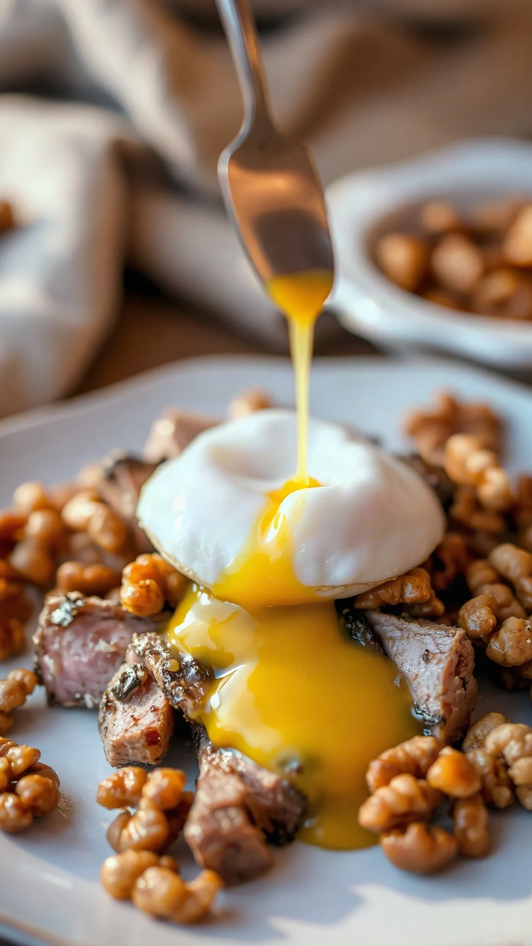 Salade Landaise Recette : gros plan détaillé avec œuf mollet coulant, canard confit et noix grillées sur lit de laitue croqua
