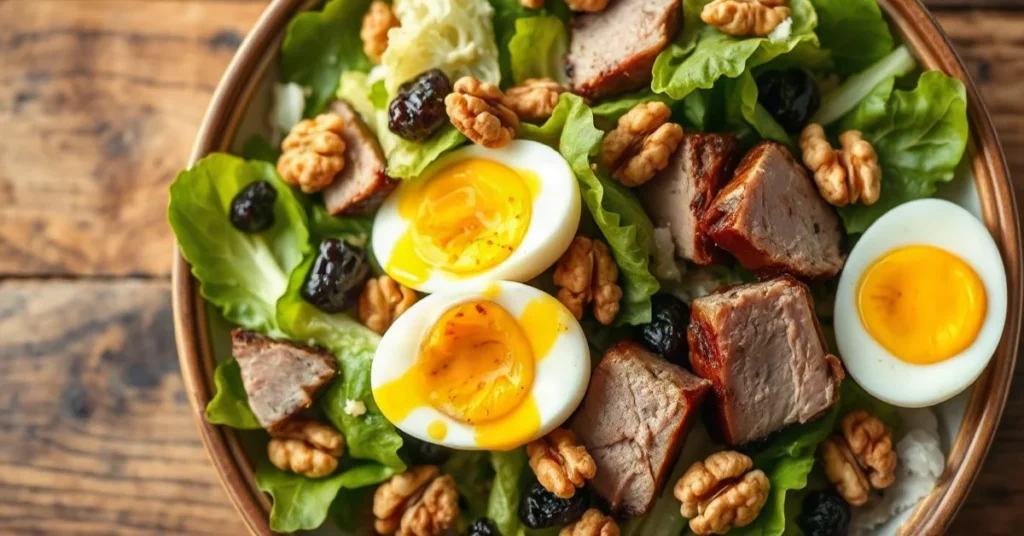 Salade landaise traditionnelle avec laitue frisée, canard confit chaud et gésiers confits sur assiette