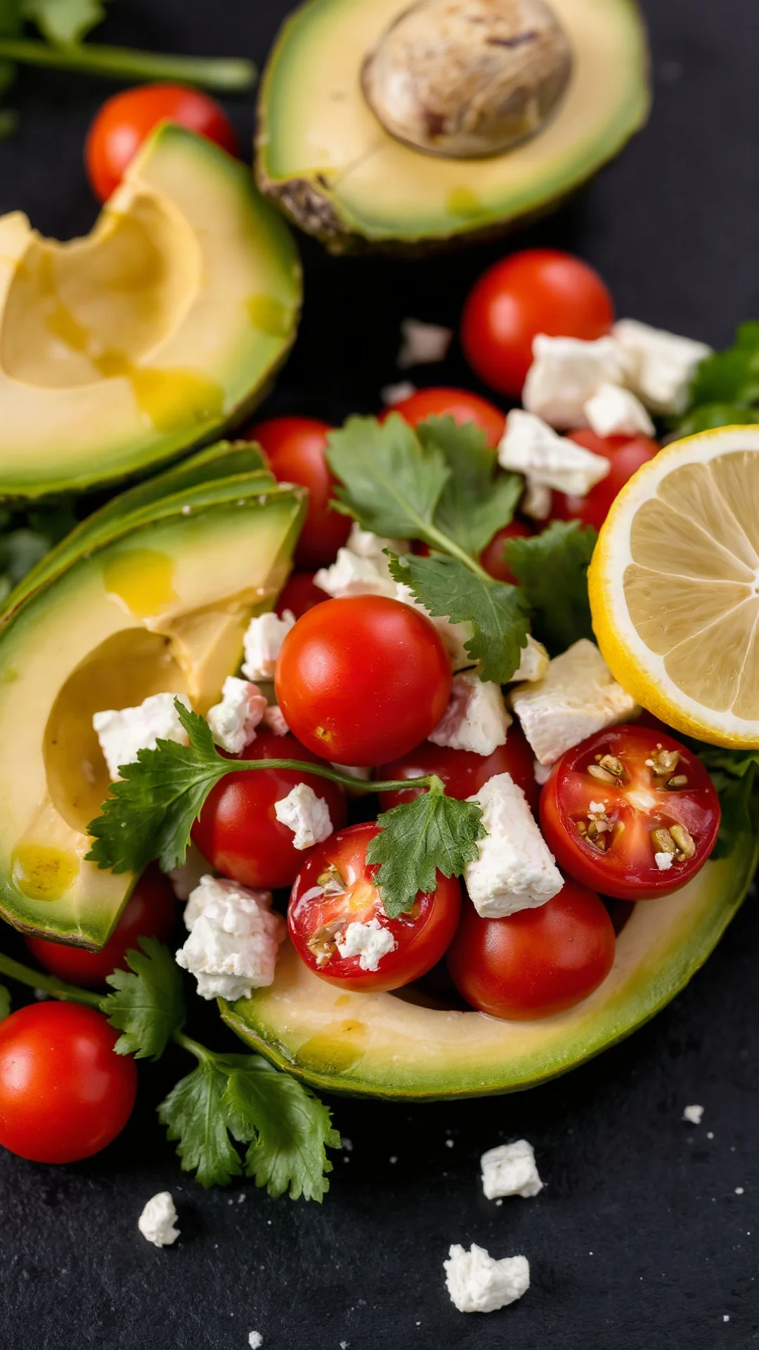 Gros plan détaillé de la Salade Mexicaine Recette avec avocat, tomates cerises et vinaigrette citronnée