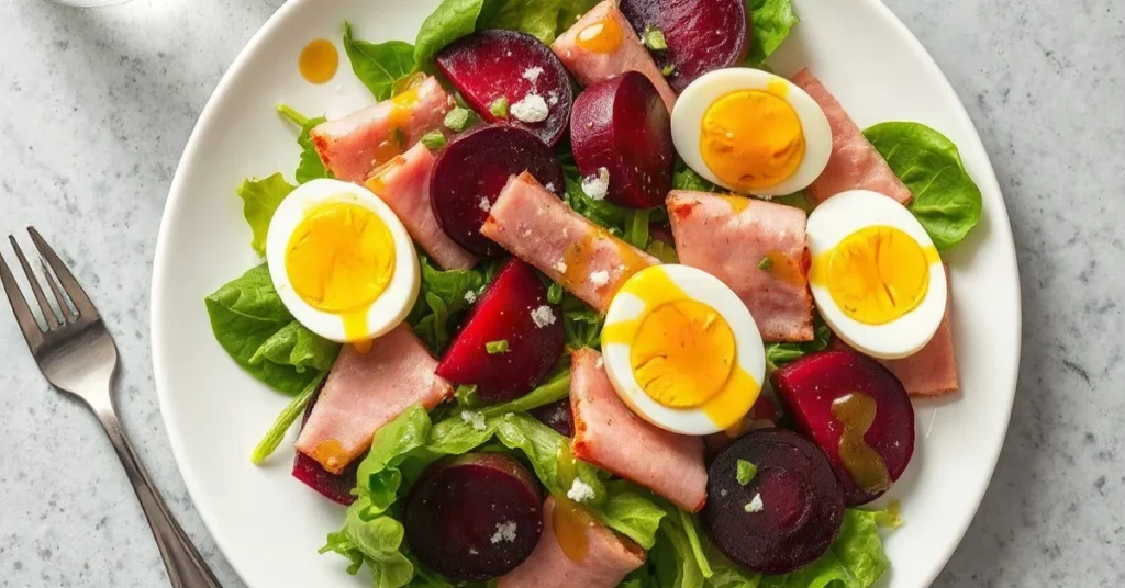 Salade Parisienne colorée avec betteraves, œufs durs et jambon frais