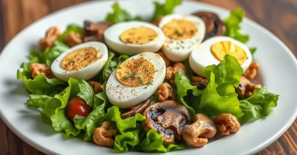 Salade Périgourdine avec foie gras, laitue, noix et œuf mollet frais
