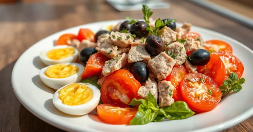 Salade tunisienne colorée avec tomates, œufs durs, olives et thon frais